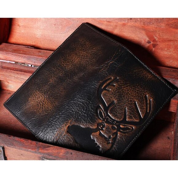 Men Brown Deer Long Wallet Full Grain with Hand Burnished Blocking Rodeo Wallet - Picture 2 of 6